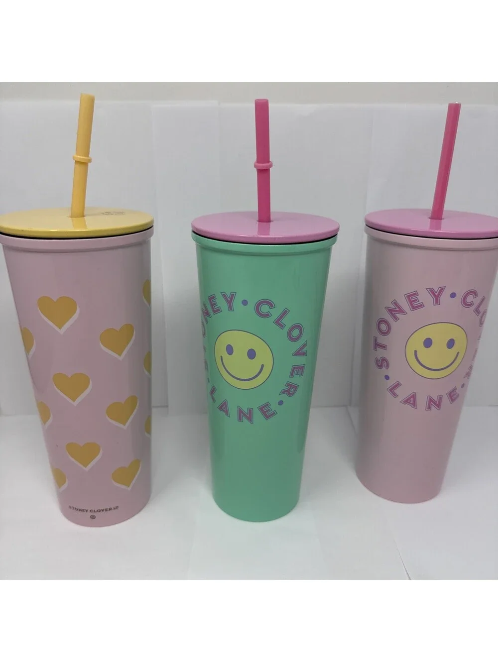 3X Stoney Clover Lane Tumbler With Straw  Green Yellow Pink Smiley New